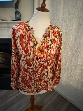 Printed Split-Neck Blouse in Red, Pink, Orange & Green